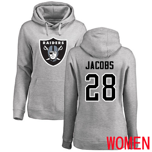 Oakland Raiders Ash Women Josh Jacobs Name and Number Logo NFL Football #28 Pullover Hoodie Sweatshirts